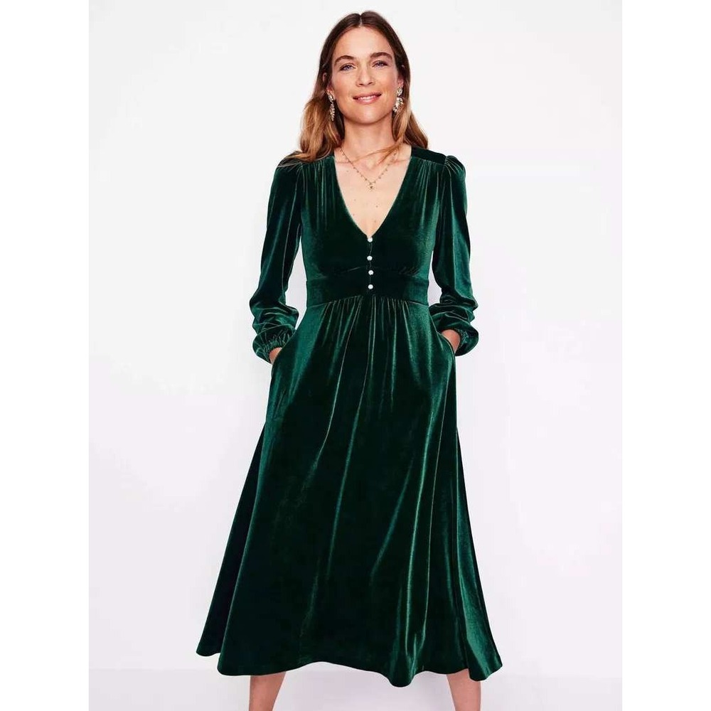 Boden Jocelyn Velvet Tea Dress V-Neck Midi Dress Long Sleeve D0810 8P